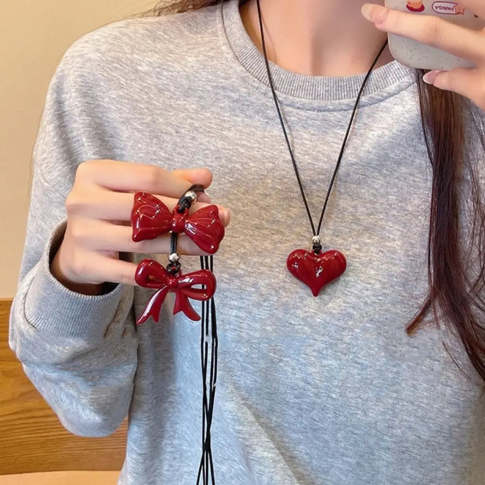 Casual Christmas Red Bow Necklace Jewelry Love Necklace Personalized Gifts Heart Pendant Creative Sweater Chain For Women Girls