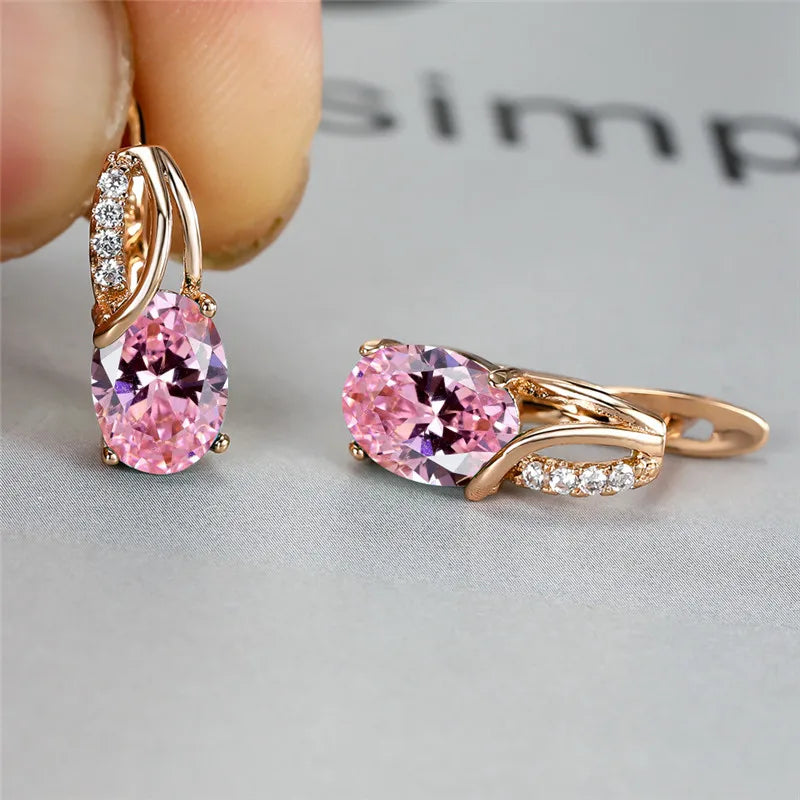 Crystal Purple Oval Stone Jewelry Rose Gold Color Wedding Hoop Earrings For Women