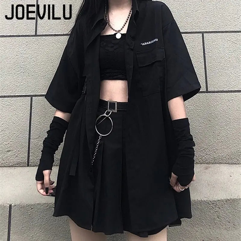 Gothic Skirt Set Loose Shirt Pleated Mini Skirts 2 Piece Sets Korean Retro Casual Outfits Women Spring Summer Aesthetic Y2k Suit