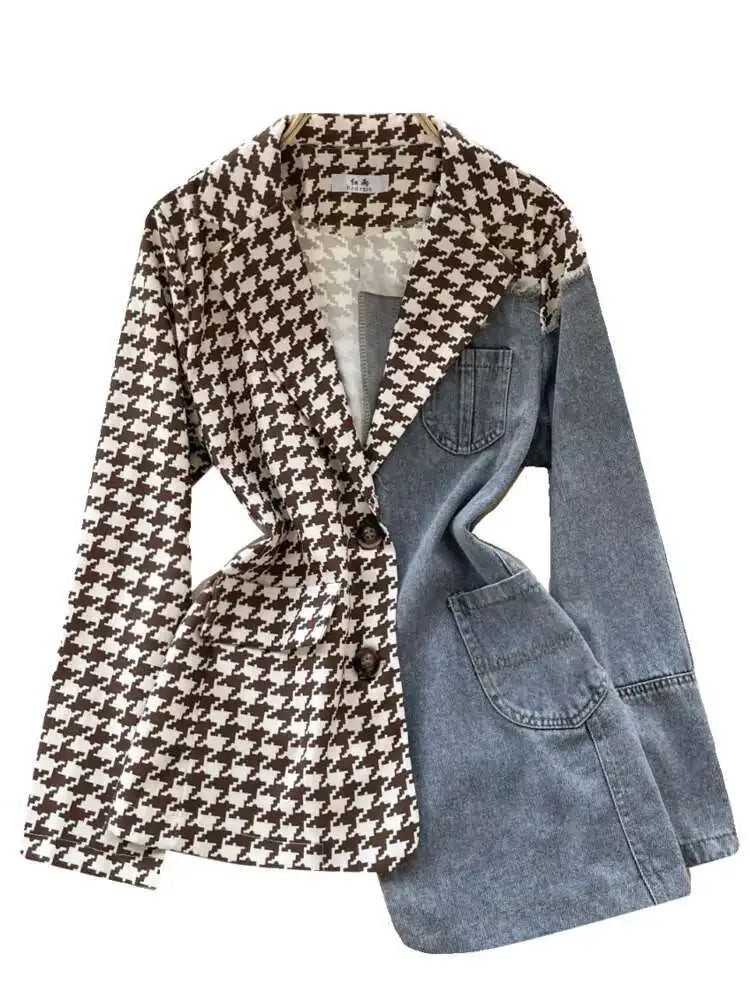 XFPV Women Jacket Lapel Long Sleeve Irregular Patchwork Denim Single Breasted Plaid Blazer Coat Autumn Winter 2025 SM9518
