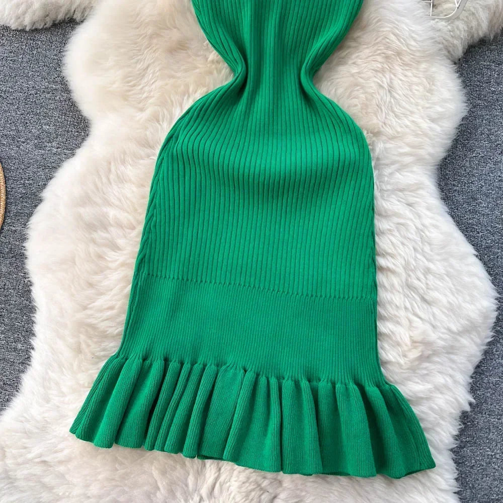 Abrini Summer Women Knitted Sexy Bodycon Dress O-Neck Sleeveless Ruffled Party Sundress High Street Elastic Slim Solid Dress