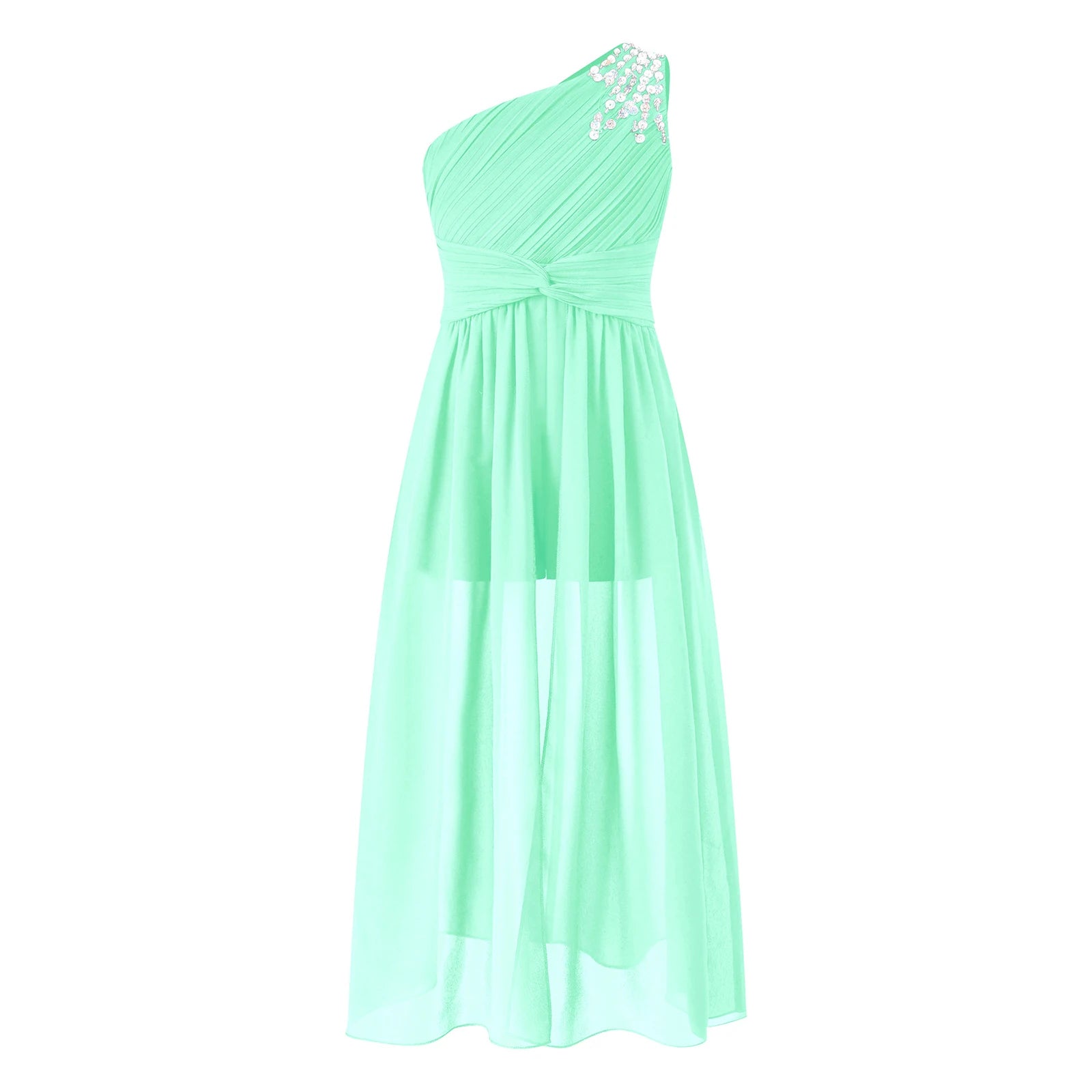 6-16Y Kids Girls Elegant Shiny Beaded Party Dress One Shoulder Ruched Jumpsuit Skirt Princess Wedding Birthday Evening Prom Gown