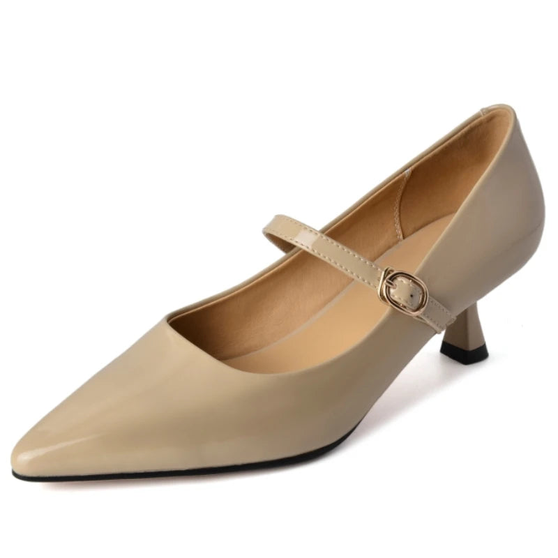 Short Heels Mary Janes Shoes Women Pumps Genuine Leather Point Toe Black Nude Red Heeled Office Wedding Shoes Female Large Size