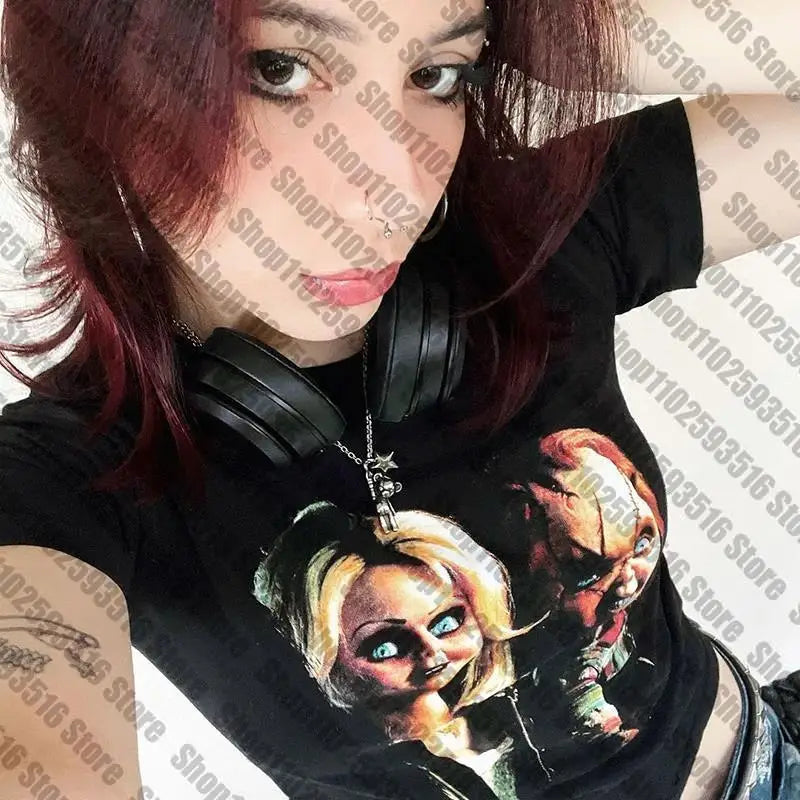 Goth Emo Crop Top Streetwear Aesthetic Grunge Baby Tee Vintage Women punk horror doll graphics Short Sleeve T-Shirt Y2k Clothes
