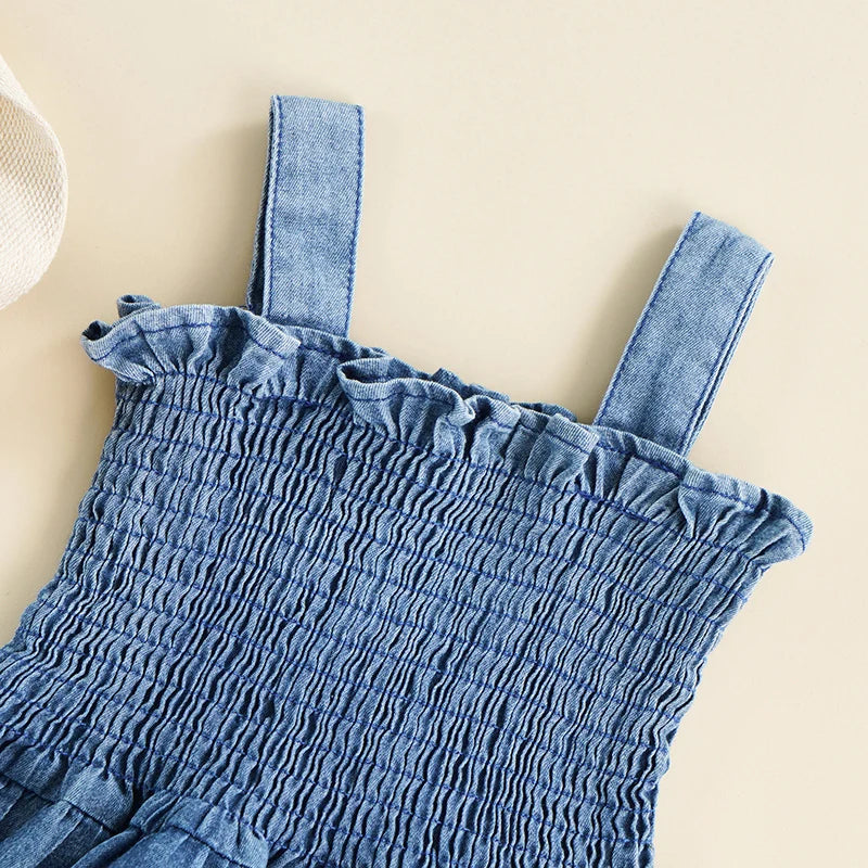 Baby Girl Clothing 2022 Summer Denim Romper Sleeveless Suspender Pleated Design Ruffle Hem Bottom Snap Button Cute Jumpsuit