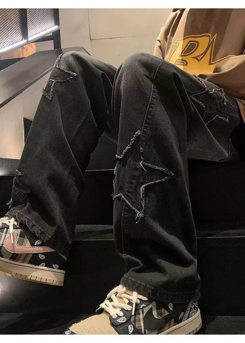 Star Embroidery Straight Casual Men Jeans Gothic Neutral New Wide Leg Loose Hip-hop Streetwear Denim Trousers Y2K pants man