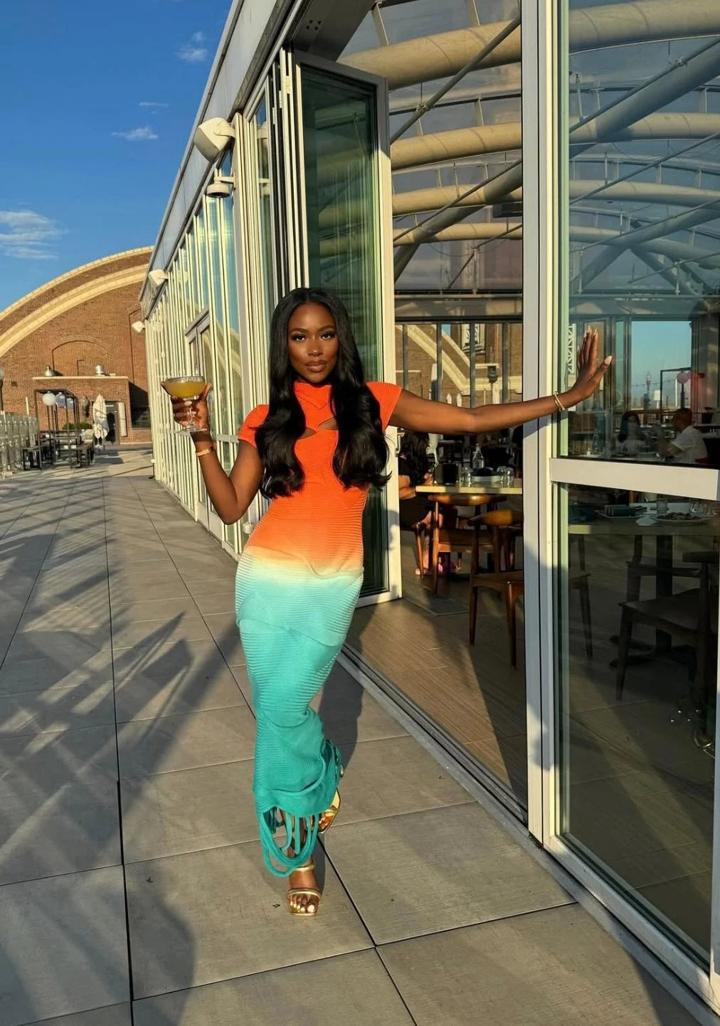 Sexy Knitted Gradient Orange Blue Hollow Out Maxi Dress Women Fashion Short Sleeve Skinny Stretch Tassel Y2K Birthday Long Dress