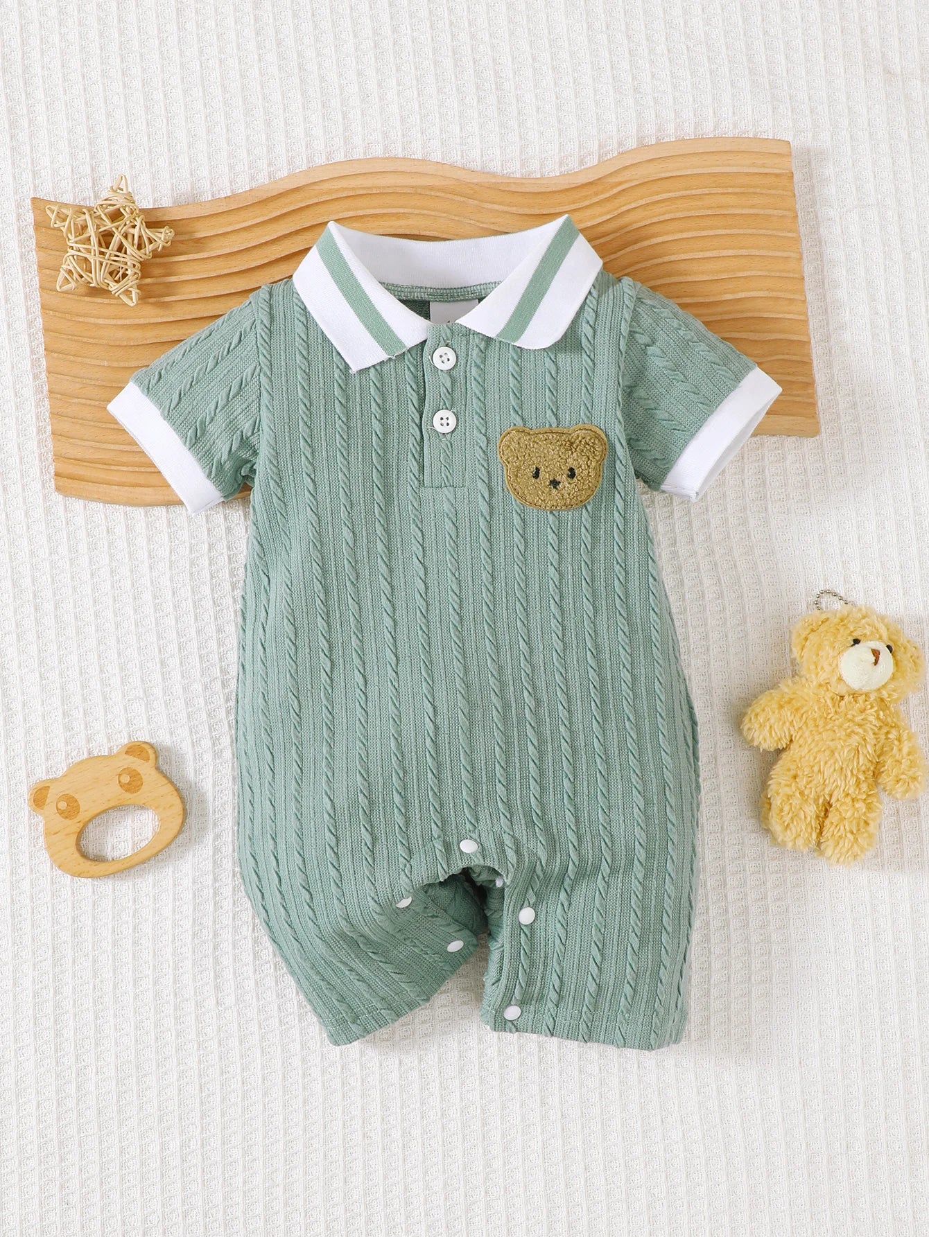 Baby Hani Bear Towel Embroidered Short Sleeve Polo Collar Ribbed Splicing Knitted Jacquard jumpsuit