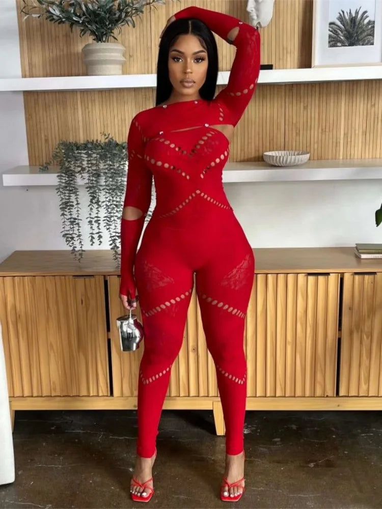 kliou Autumn Women Ankle-Length Sexy Jumpsuit M23Q37017 Girl Burn-out Hole Slim One Piece Overall Miss Solid Party Club Attire