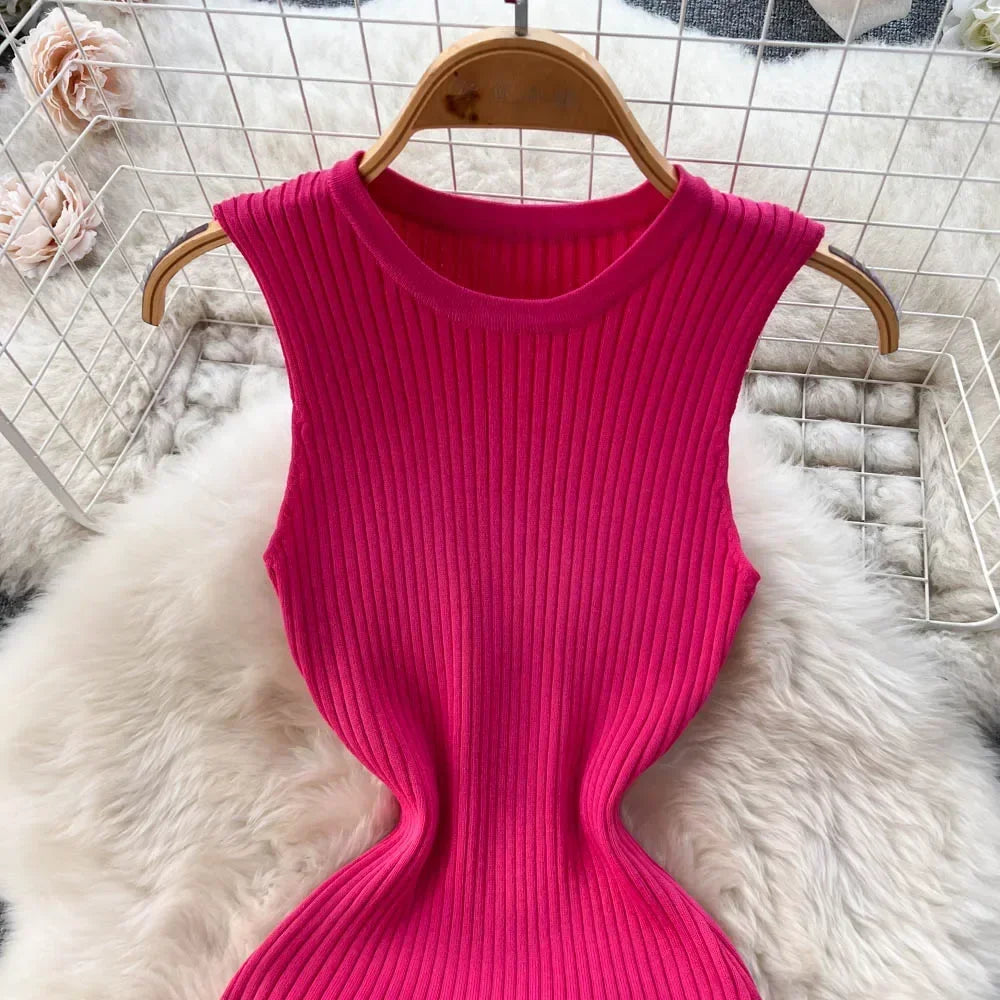 Abrini Summer Women Knitted Sexy Bodycon Dress O-Neck Sleeveless Ruffled Party Sundress High Street Elastic Slim Solid Dress
