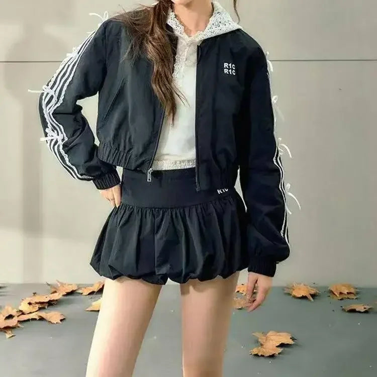 Woman New 2000s Aesthetics Elegant Two Piece Skirt Set Women Sexy Sport Wear Coat + Mini Skirt Suit Female High Street Chic Sets