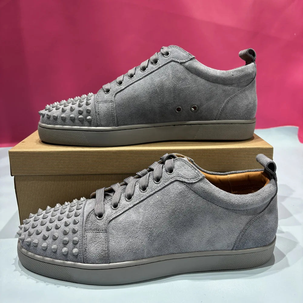 Rivets Genuine Leather Men's Sneakers Classic Black White Round Toe Lace-Up Flats Sports Shoes Outdoor Walking Male Casual Shoes