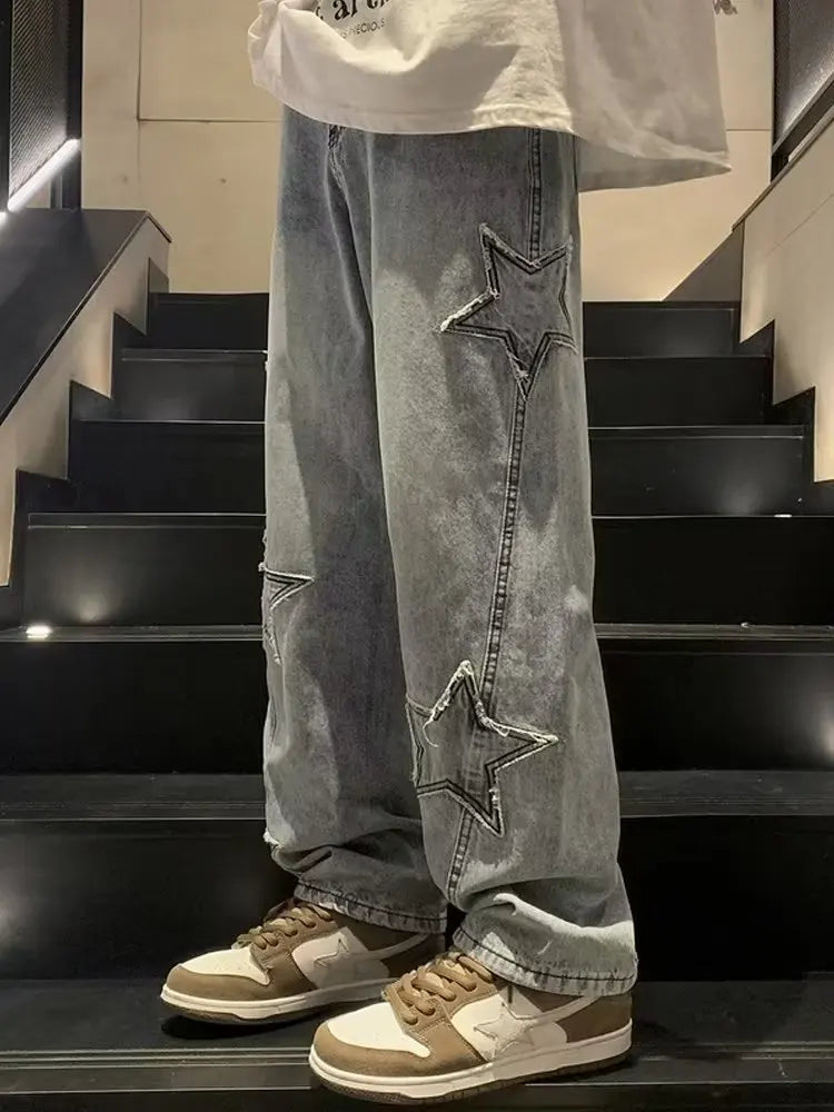 Star Embroidery Straight Casual Men Jeans Gothic Neutral New Wide Leg Loose Hip-hop Streetwear Denim Trousers Y2K pants man
