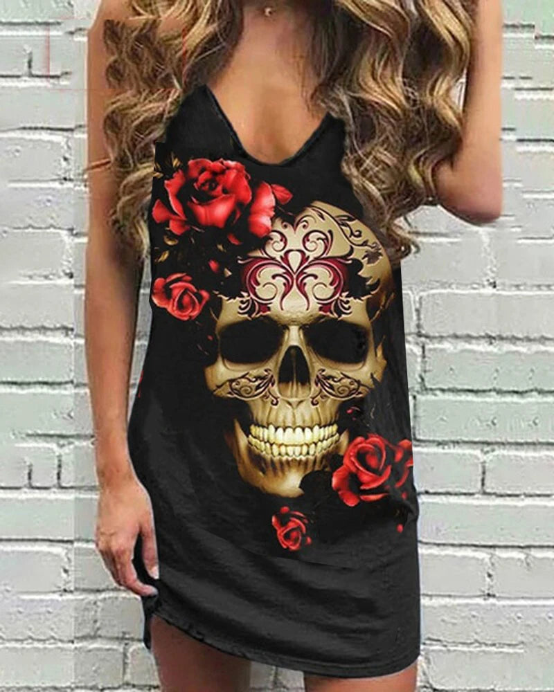 Skull Scarf Sunglasses Print Women Sleeveless Summer  Vest dress Solid Color Dress Streetwear O-Neck Casual