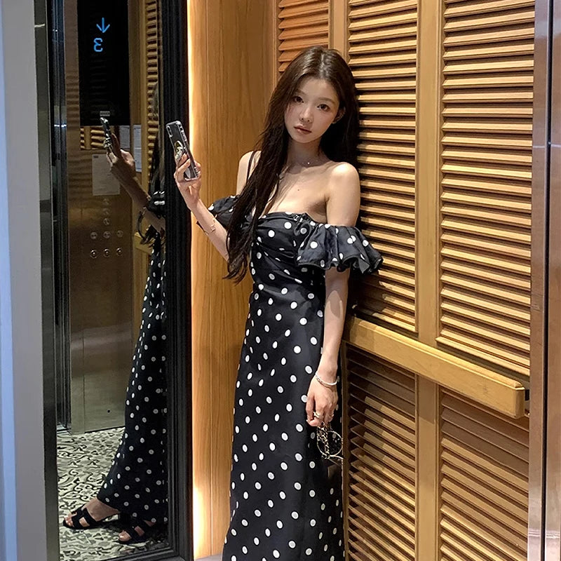 French Retro Off-Shoulder Polka Dot Printed Dresses Women Summer Sheath Holiday Elegant Female Long Dress