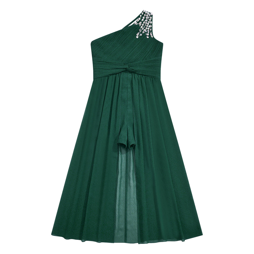 6-16Y Kids Girls Elegant Shiny Beaded Party Dress One Shoulder Ruched Jumpsuit Skirt Princess Wedding Birthday Evening Prom Gown