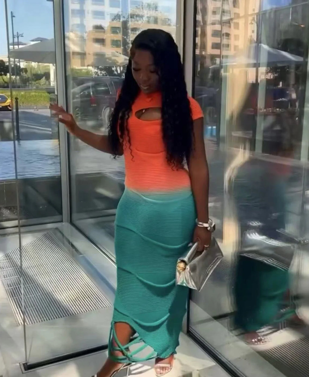 Sexy Knitted Gradient Orange Blue Hollow Out Maxi Dress Women Fashion Short Sleeve Skinny Stretch Tassel Y2K Birthday Long Dress