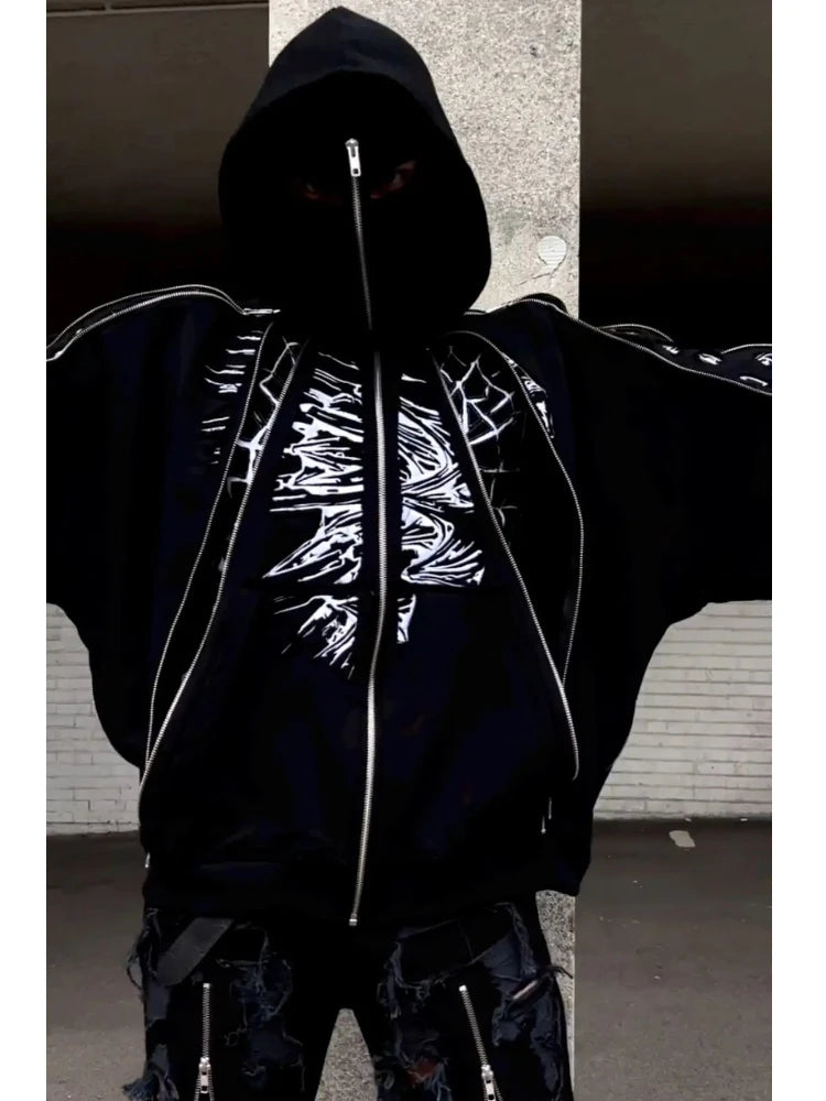 American New Street Trendy High Craft Dark Harajuku Y2K Multi Zipper Hat Loose Men's and Women's Hoodies