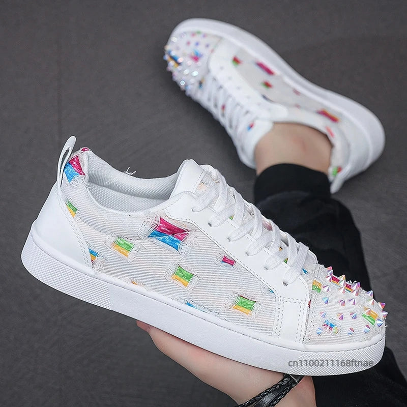 Men's and Women's Street Dance Shoes, Perforated Canvas, Fashionable, Breathable, Red Sole, Rivet, Personalized Casual Shoes