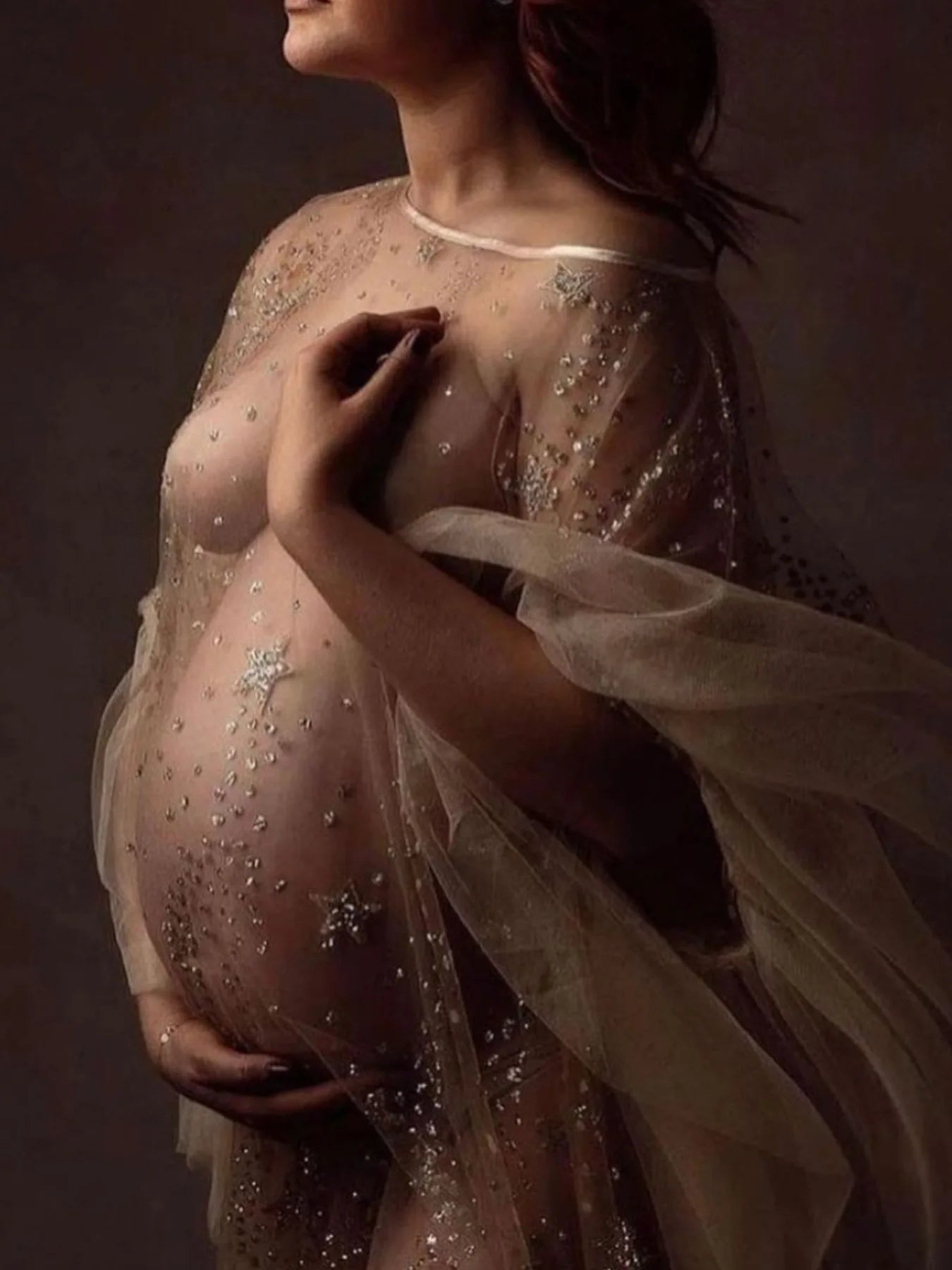 Pregnant Women Mini Dress For Photography Props Solid Color Premama Sequined Stars Photoshoot Dresses Maternity Baby Shower Gown