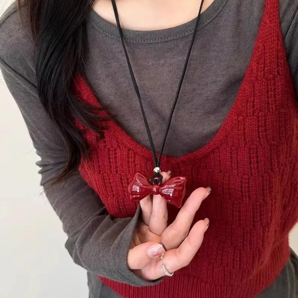 Casual Christmas Red Bow Necklace Jewelry Love Necklace Personalized Gifts Heart Pendant Creative Sweater Chain For Women Girls