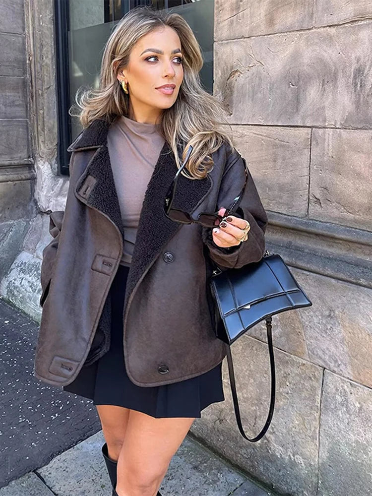 Double Sided Fur One Jacket Cotton Clothes Lamb Wool Coat Leather Jackets Women's Warm Loose Thick Lapel Fashion Casual Overcoat