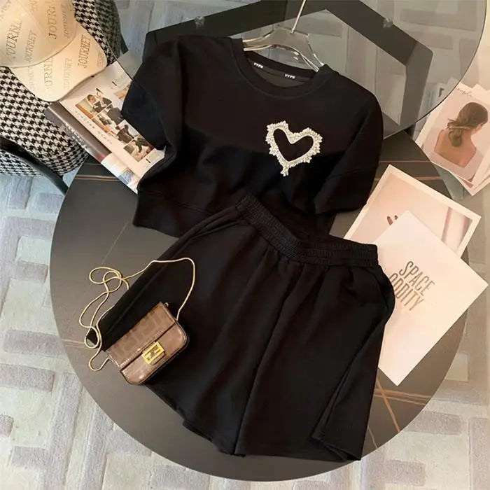 Korean style Oversized T-shirt Shorts Suit Women O-Neck Heart-shaped diamond decoration T-shirts Loose Straight Sports Shorts