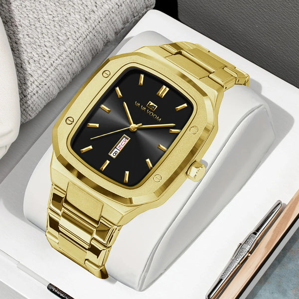 2025 New Men Watch Fashion Square Stainless Steel Blue Gold 3Bar Waterproof Quartz Calendar Simulated Business Sports WristWatch