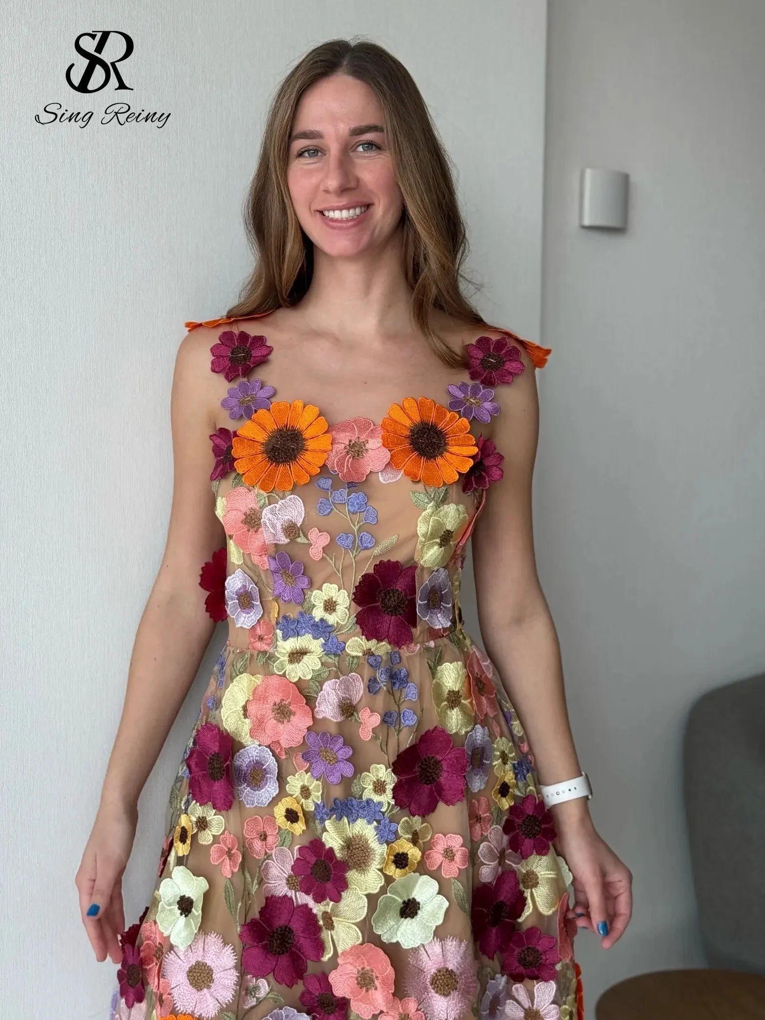 SINGREINY Chic Embroidery Strap Dress Women Sleeveless Zipper 3D Floral Design Summer High Street A Line Short Evening Dress