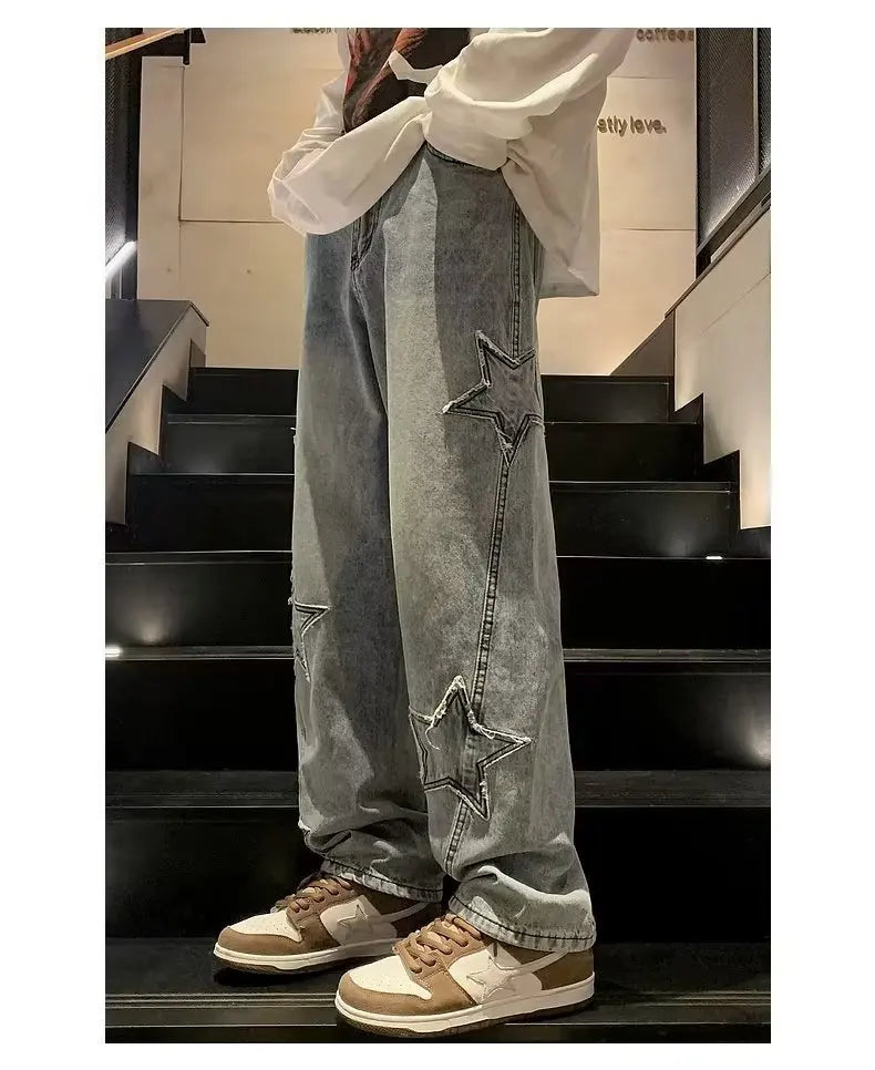 Star Embroidery Straight Casual Men Jeans Gothic Neutral New Wide Leg Loose Hip-hop Streetwear Denim Trousers Y2K pants man