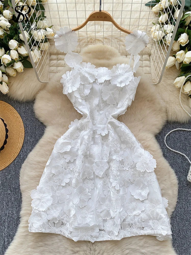 SINGREINY Chic Embroidery Strap Dress Women Sleeveless Zipper 3D Floral Design Summer High Street A Line Short Evening Dress