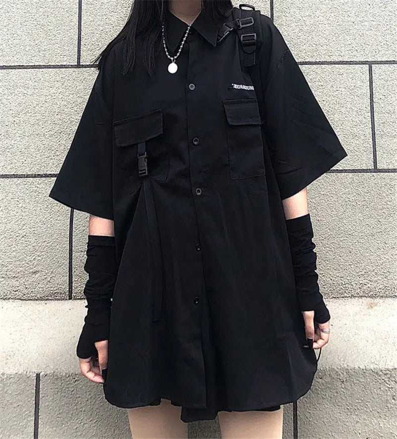 Gothic Skirt Set Loose Shirt Pleated Mini Skirts 2 Piece Sets Korean Retro Casual Outfits Women Spring Summer Aesthetic Y2k Suit
