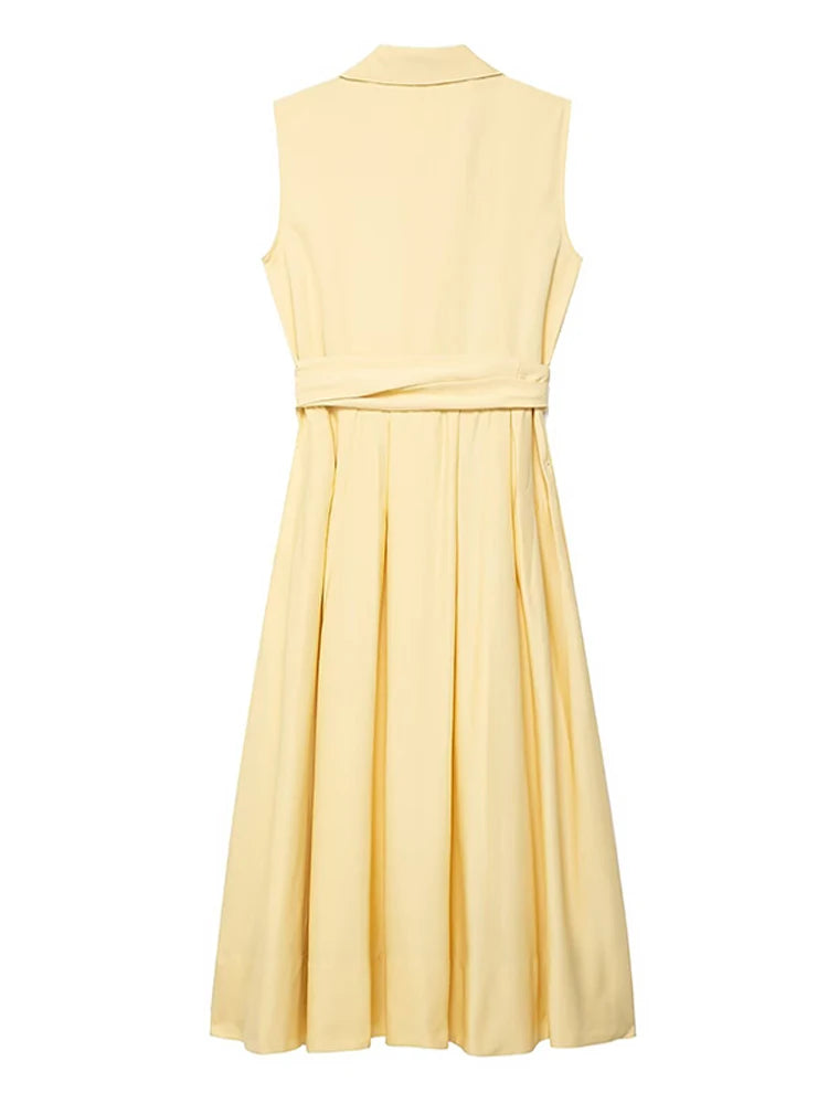 Fashion Sleeveless Long Yellow Shirt Dress Women Pleat Lapel Button Party Lace Up Dresses 2025 Summer Lady Commute Vestidos