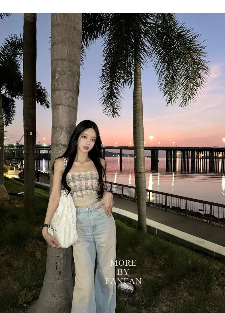 Sexy  Camis Plaid Chic  tube top Slim Korean Tanks Top Sleeveless Elegant  Crop Top Summer Women Bustier