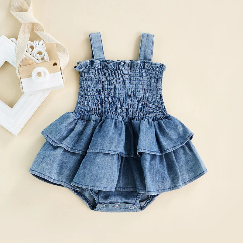 Baby Girl Clothing 2022 Summer Denim Romper Sleeveless Suspender Pleated Design Ruffle Hem Bottom Snap Button Cute Jumpsuit