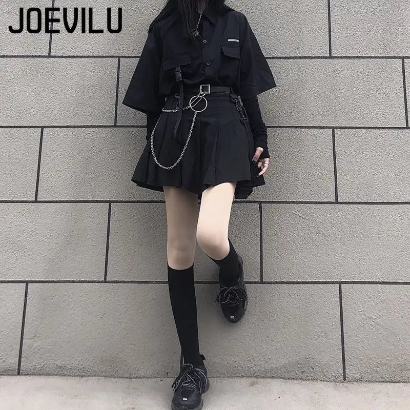 Gothic Skirt Set Loose Shirt Pleated Mini Skirts 2 Piece Sets Korean Retro Casual Outfits Women Spring Summer Aesthetic Y2k Suit
