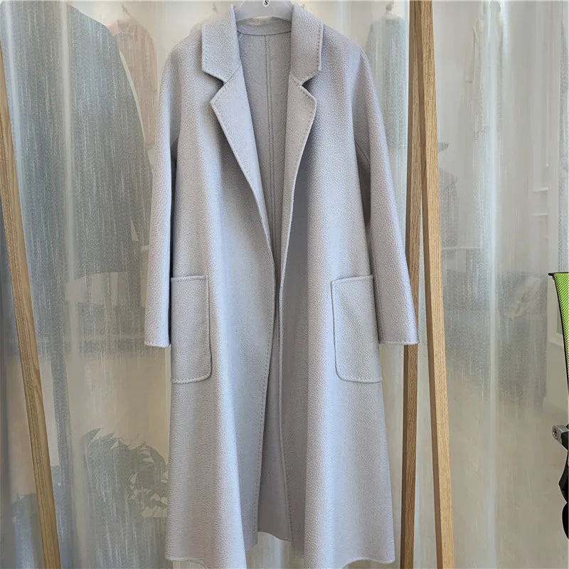 Korean Women Handmade Hepburn Corrugated Water Ripples Coat Double-sided Cashmere Wool Long Woolen Jacket Cashmere Coat Max