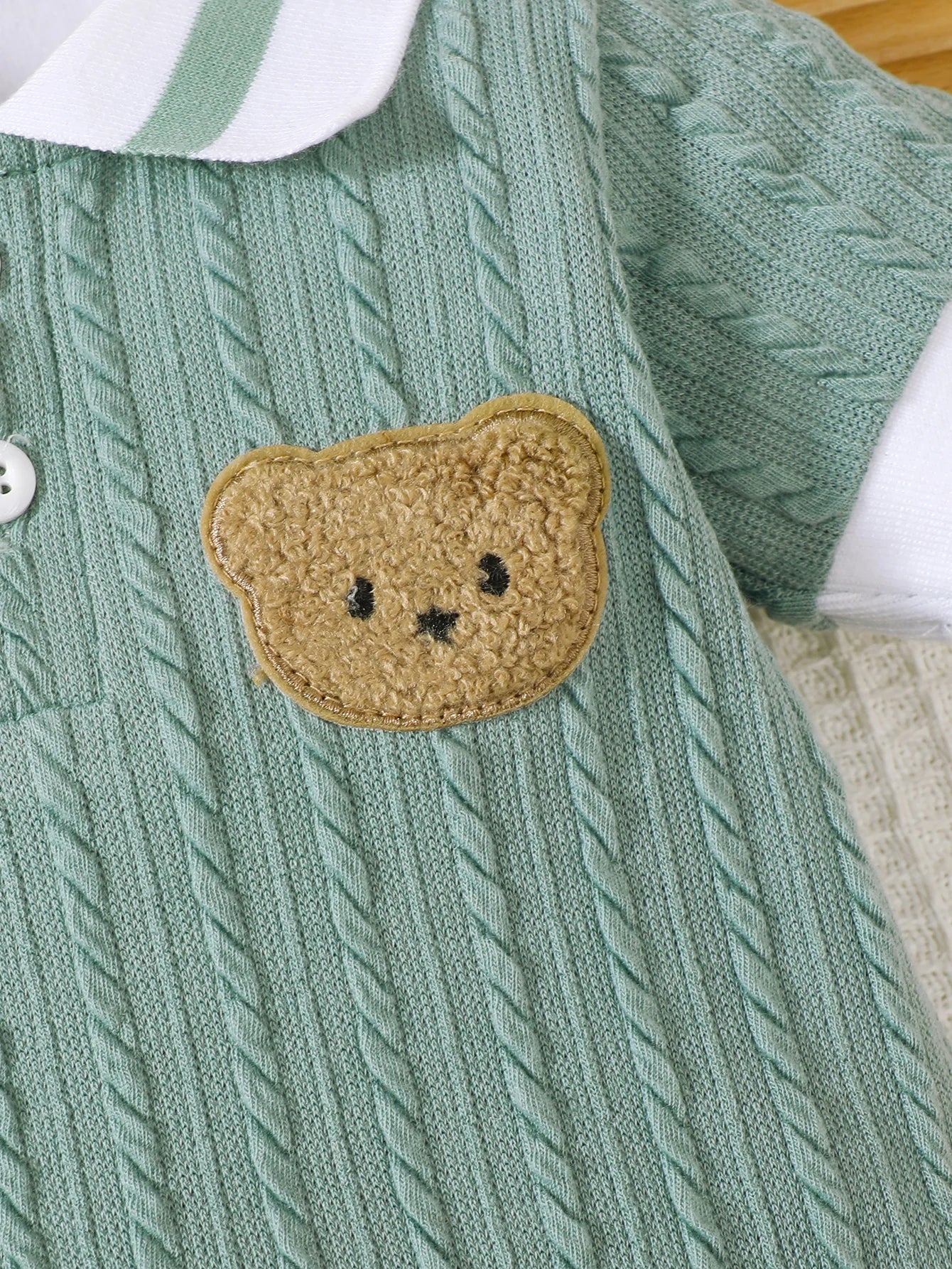 Baby Hani Bear Towel Embroidered Short Sleeve Polo Collar Ribbed Splicing Knitted Jacquard jumpsuit