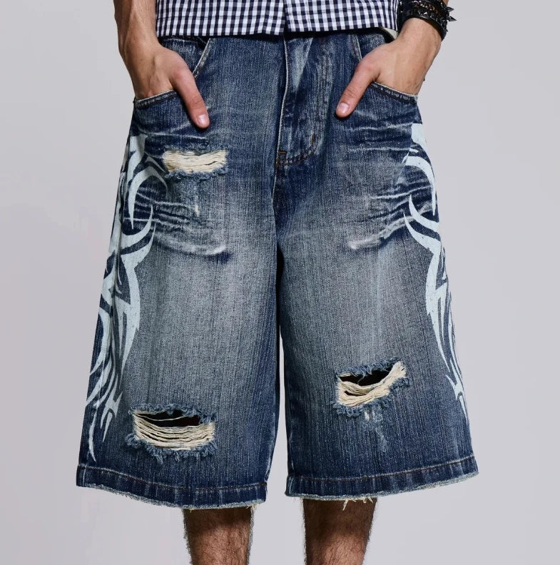 2025 New Gothic Flame Print Used in Old Washing and Worn Five-point Jeans Men's Fashion Street Fashion Harajuku Y2K Baggy Jeans