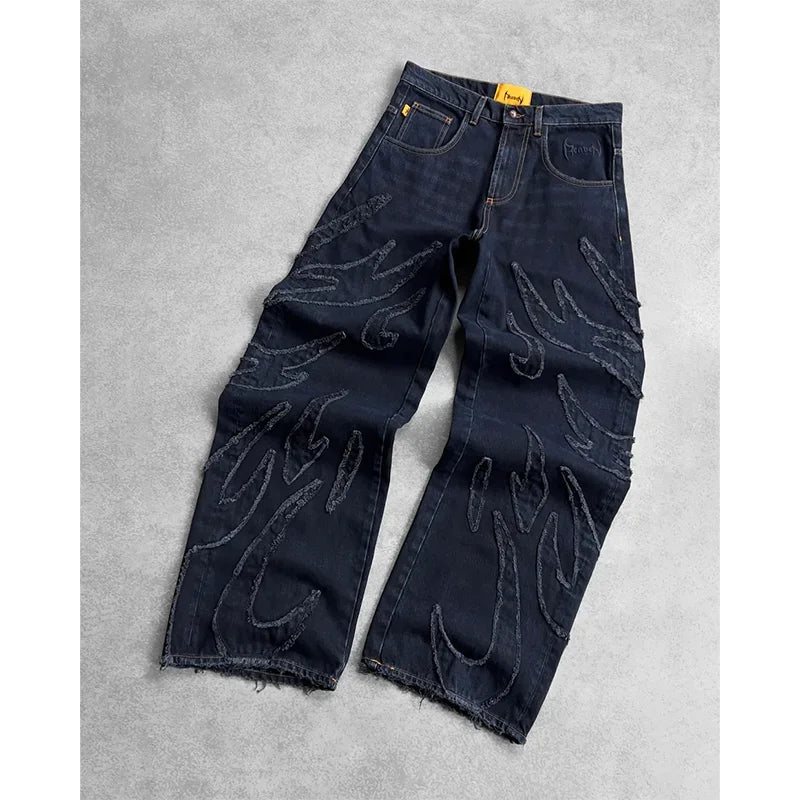 2025 New American Retro Flame Embroidery Baggy Women's Jeans Y2K Harajuku Hip Hop Gothic High Waist Wide Trousers Street Wear