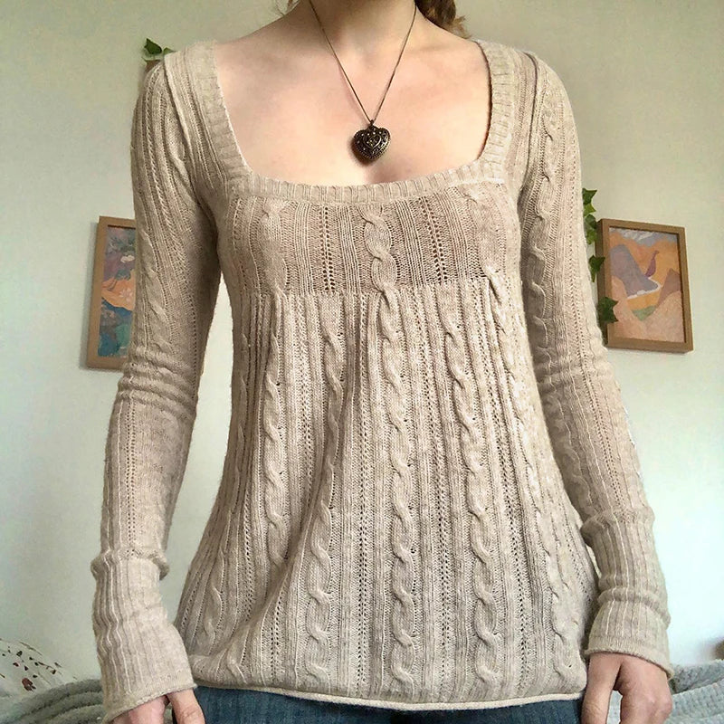 Aesthetic Coquette Knit Sweaters Outfit Vintage Babydoll Tops Pullovers Lady Autumn Square Neck Long Sleeve Knitwear Jumpers Y2k