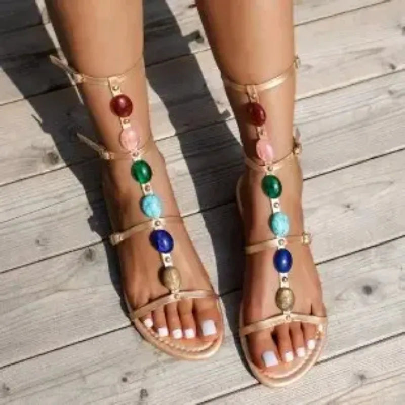 Bohemian Style Sandals 2024 Summer New Gemstone Inlaid Plus Size Minimalist Beach Women's Shoes Luxury Sandals Women Designers