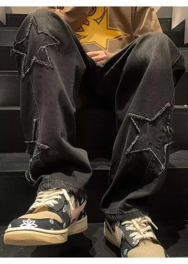 Star Embroidery Straight Casual Men Jeans Gothic Neutral New Wide Leg Loose Hip-hop Streetwear Denim Trousers Y2K pants man
