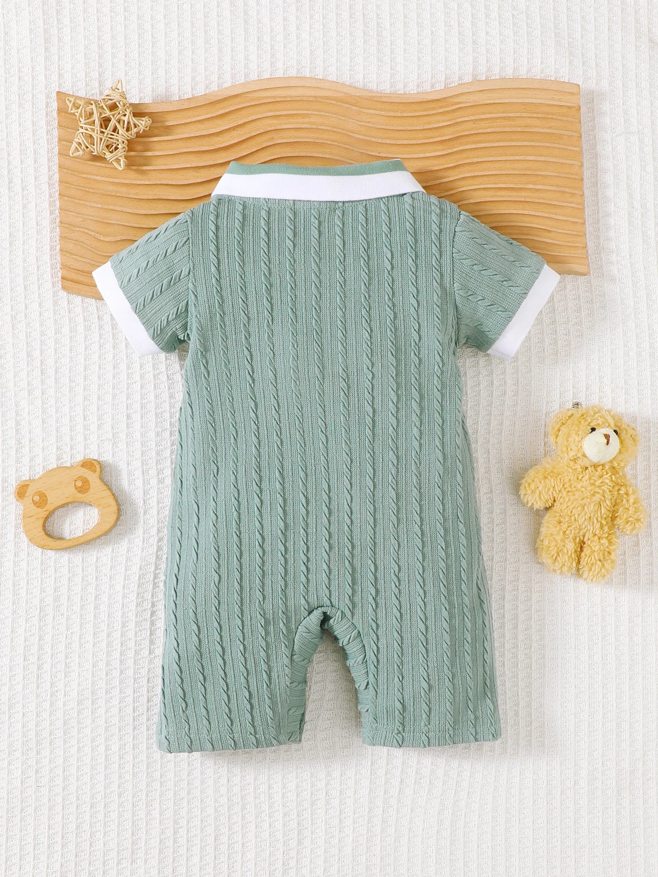Baby Hani Bear Towel Embroidered Short Sleeve Polo Collar Ribbed Splicing Knitted Jacquard jumpsuit