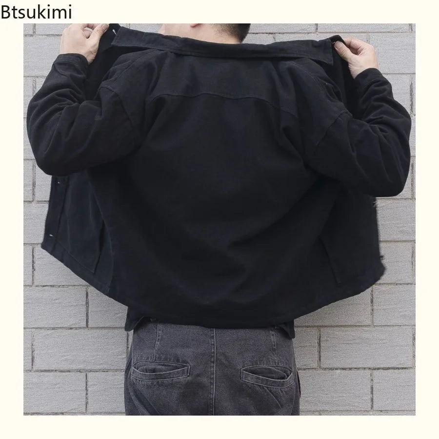 2025 Men's Loose Casual Denim Jacket Fashion Korean Style Simple Lapel Button-up Coats Solid All-match Jean Jacket Men Outerwear