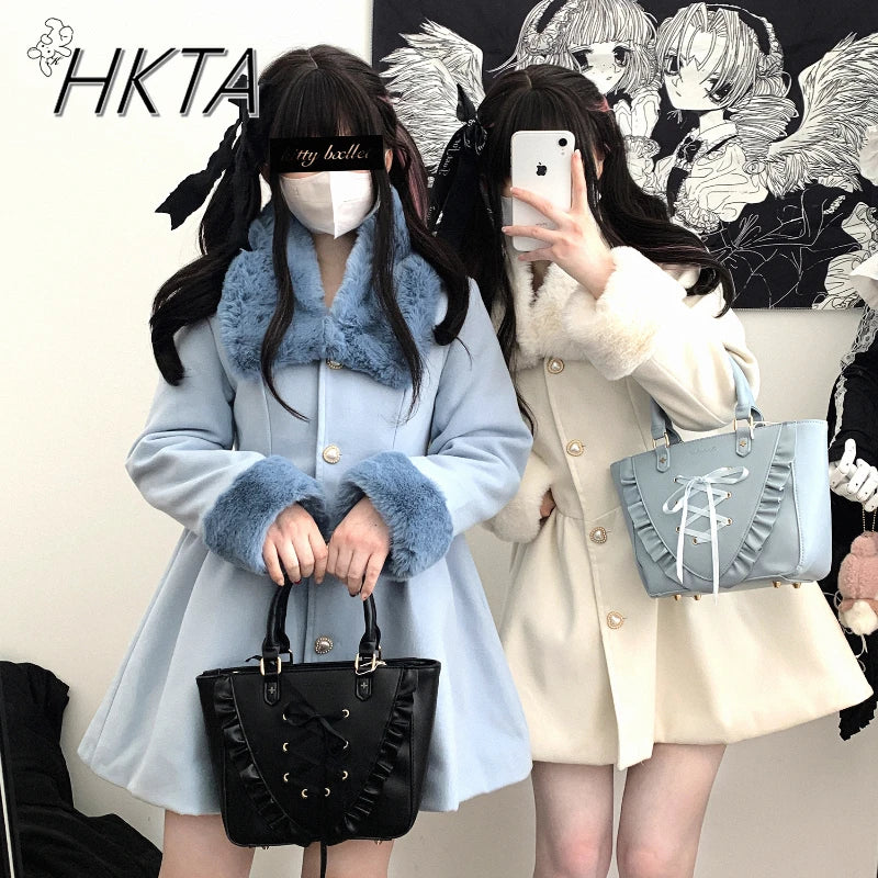 Original Japanese Sweet Imitation Woolen Coat Removable Fur Collar 2025 Winter Jacket Love Single-breasted Wool Overcoat Femlae