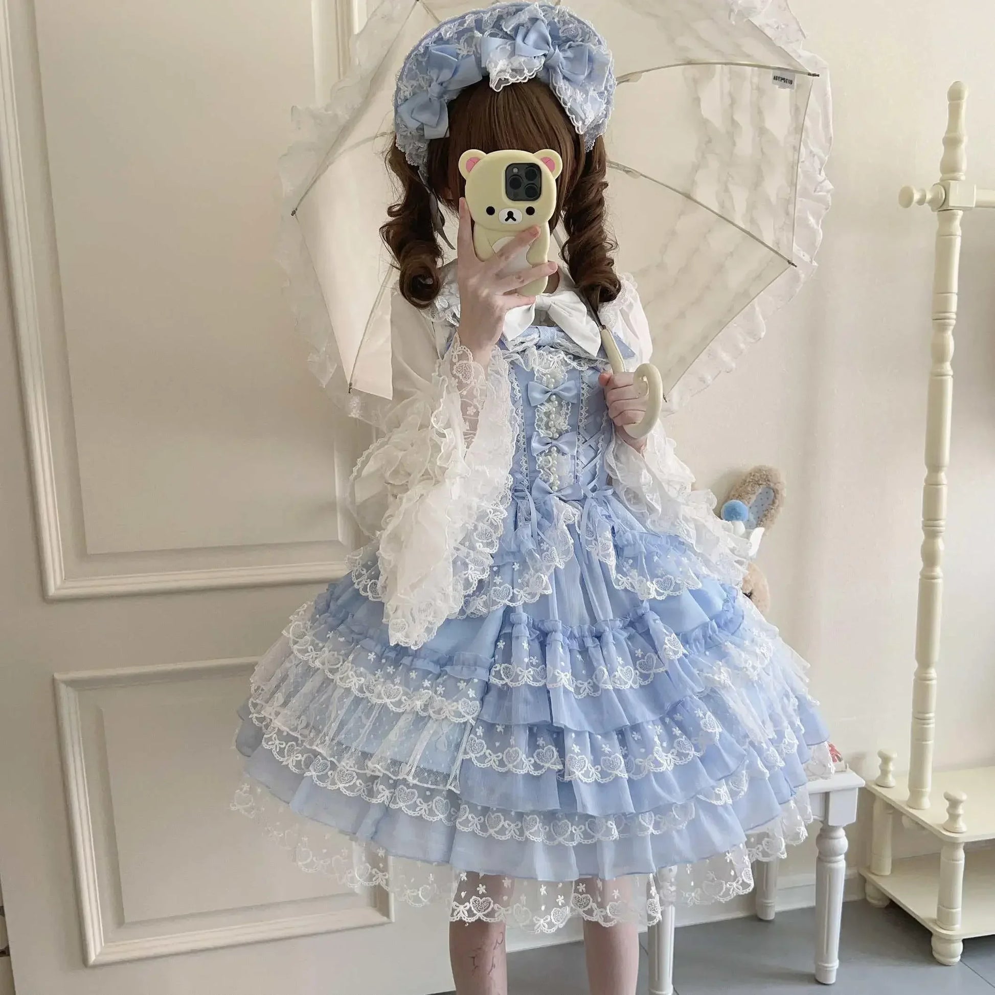 Women's Lolita Pink Dress Jsk Bow Lace Stitching Cute Sweet Girls Suspender Dress Lady Long Sleeve Inner Shirt Y2k Hairpin Cloak