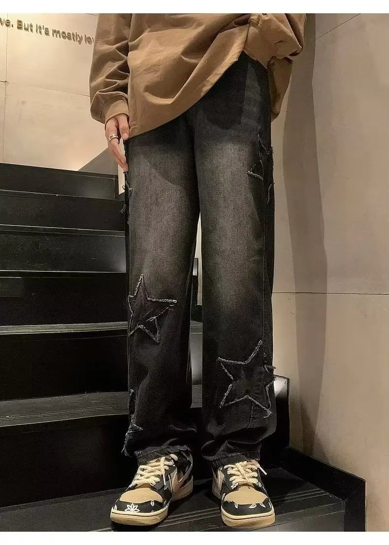 Star Embroidery Straight Casual Men Jeans Gothic Neutral New Wide Leg Loose Hip-hop Streetwear Denim Trousers Y2K pants man