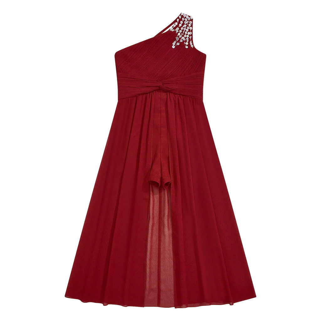 6-16Y Kids Girls Elegant Shiny Beaded Party Dress One Shoulder Ruched Jumpsuit Skirt Princess Wedding Birthday Evening Prom Gown