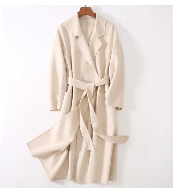 Korean Women Handmade Hepburn Corrugated Water Ripples Coat Double-sided Cashmere Wool Long Woolen Jacket Cashmere Coat Max